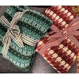 Handmade Crochet Blanket Green Burgundy Pink Striped Afghan Throw Cottage core